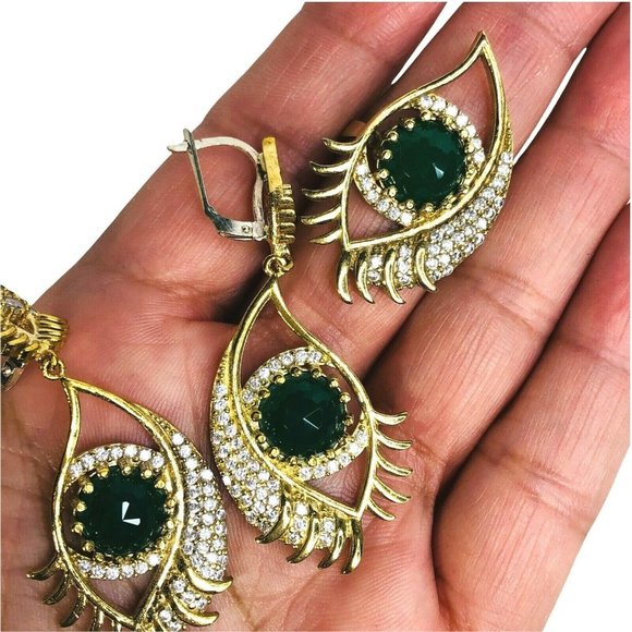 Turkish Handmade Hamsa 925 Silver Green CZ Stone Womens Earring And Ring Set New - Picture 6 of 7